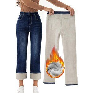 Women's Fleece Lined Straight Leg Wide Jeans Winter Thermal Denim for Cold Weath